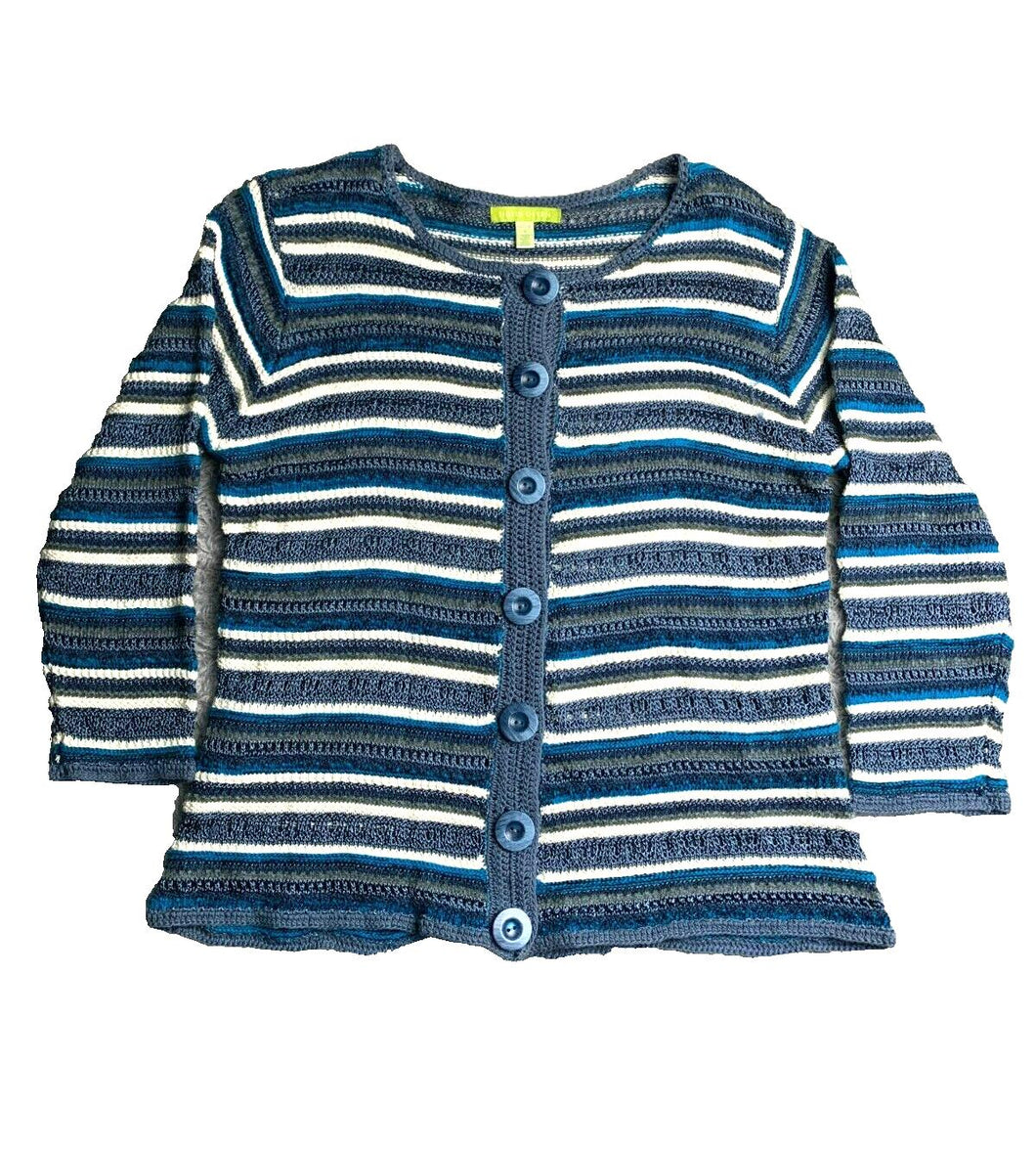 Sigrid Olsen Sweater Womens Large Navy White Viscose Rayon Button Front Cardigan