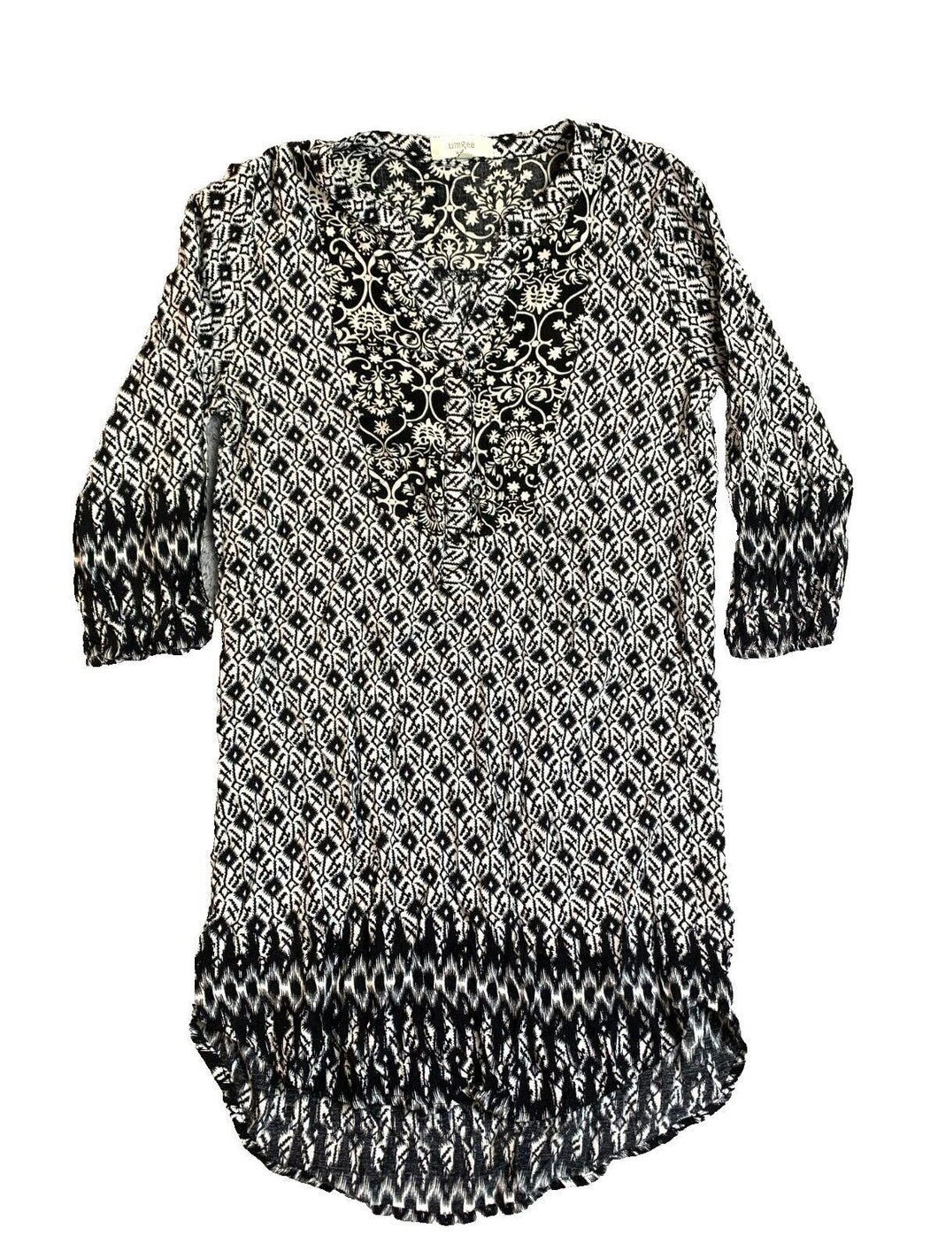Umgee USA Shirt Womens Small Black White Tunic Lagenlook Geometric Blouse Ladies