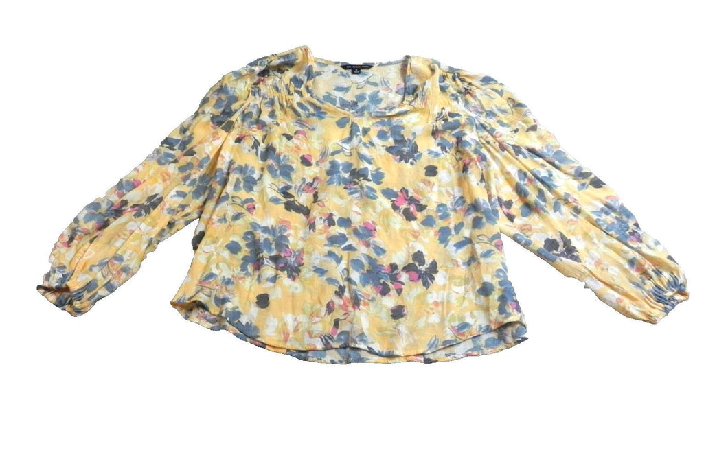 Zac & Rachel Shirt Womens 1X Yellow Smocked AOP Flower Boho Plus Rayon Ladies