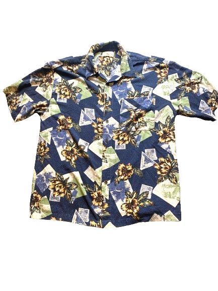 VTG County Seat Shirt Adult Medium Blue 100% Silk Button Up AOP Hawaiian Mens