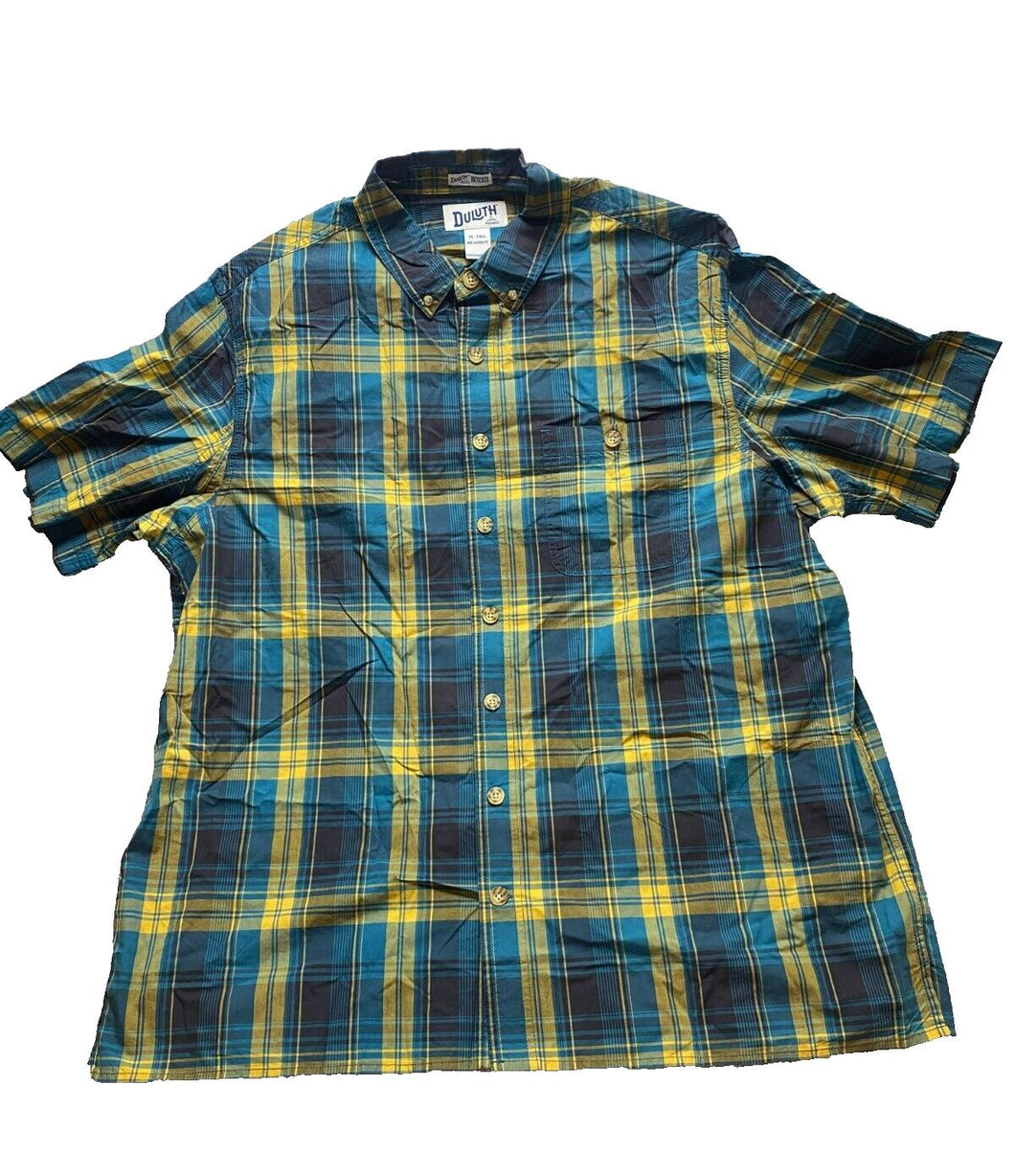 Duluth Shirt Adult Extra Large Tall Teal Yellow Plaid Untucked Relaxed Fit Mens