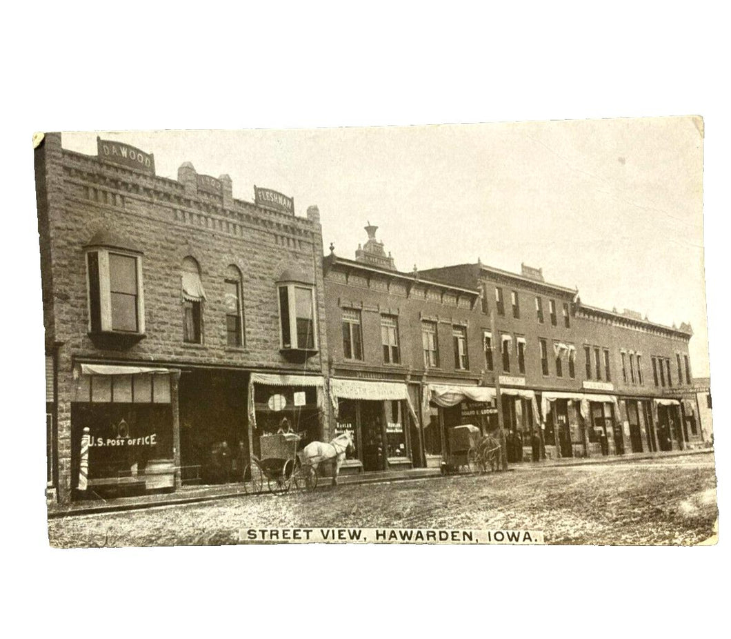 1908 Real Photo Postcard Street Scene Hawarden Iowa US Post Office Horse Buggy