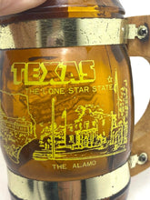 Load image into Gallery viewer, Amber Brown Texas Souvenir Barrel Mug Glass Cup Wood Handle Alamo Cotton Bowl
