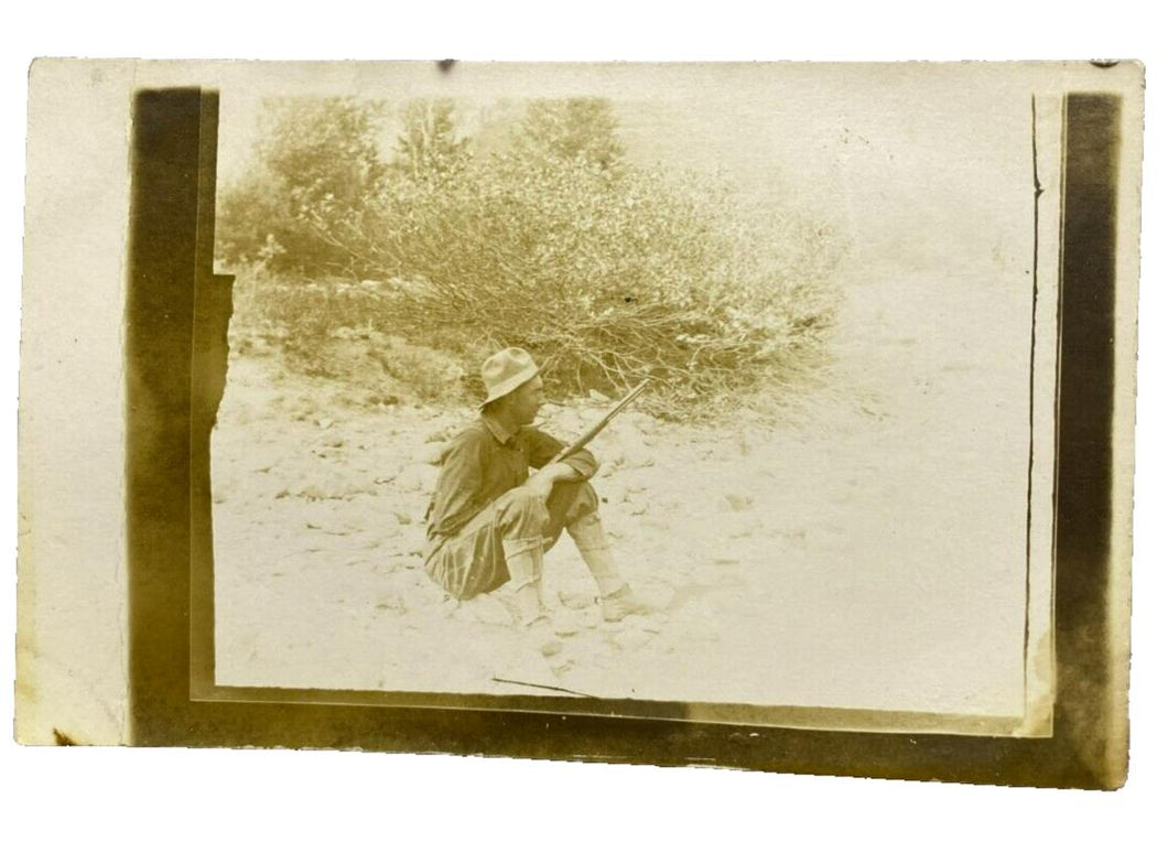 C. 1915 Man Hunting Real Photo Postcard RPPC Rifle Boots Hat