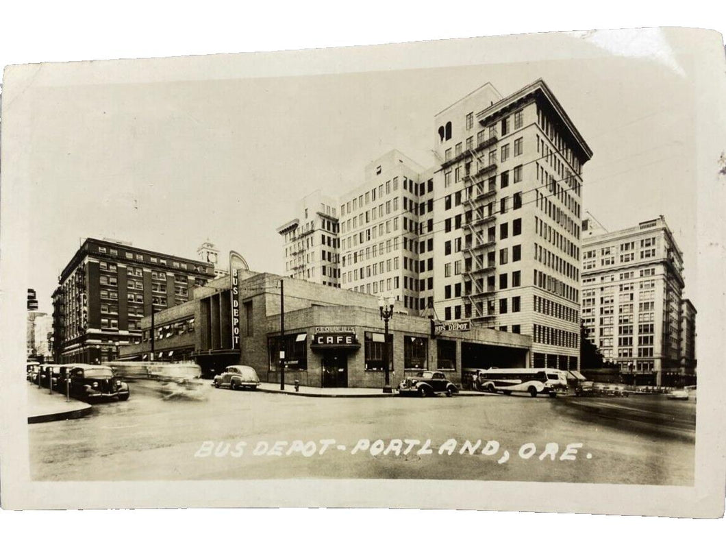1949 Bus Depot Real Photo Postcard RPPC Portland Oregon Buses Cars Street Scene