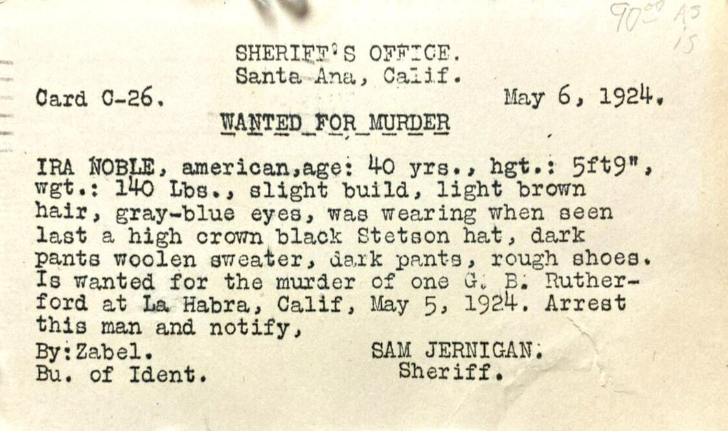 1924 Wanted Postcard Murder Suspect Sheriff California Antique Postmarked Rare
