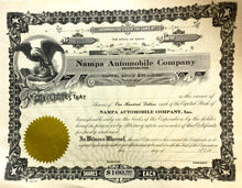 Load image into Gallery viewer, C. 1910 Nampa Automobile Company $100 Stock Certificate Shares Eagle Collectible
