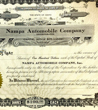 Load image into Gallery viewer, C. 1910 Nampa Automobile Company $100 Stock Certificate Shares Eagle Collectible
