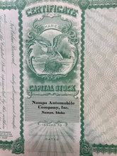 Load image into Gallery viewer, C. 1910 Nampa Automobile Company $100 Stock Certificate Shares Eagle Collectible
