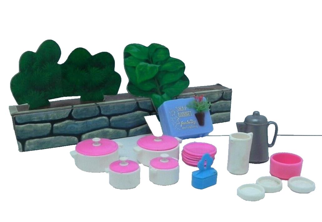 Barbie Doll Lot Vintage Dream Kitchen Pots Plates Stamp Planter Pitcher Case