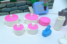 Load image into Gallery viewer, Barbie Doll Lot Vintage Dream Kitchen Pots Plates Stamp Planter Pitcher Case
