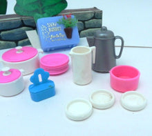 Load image into Gallery viewer, Barbie Doll Lot Vintage Dream Kitchen Pots Plates Stamp Planter Pitcher Case
