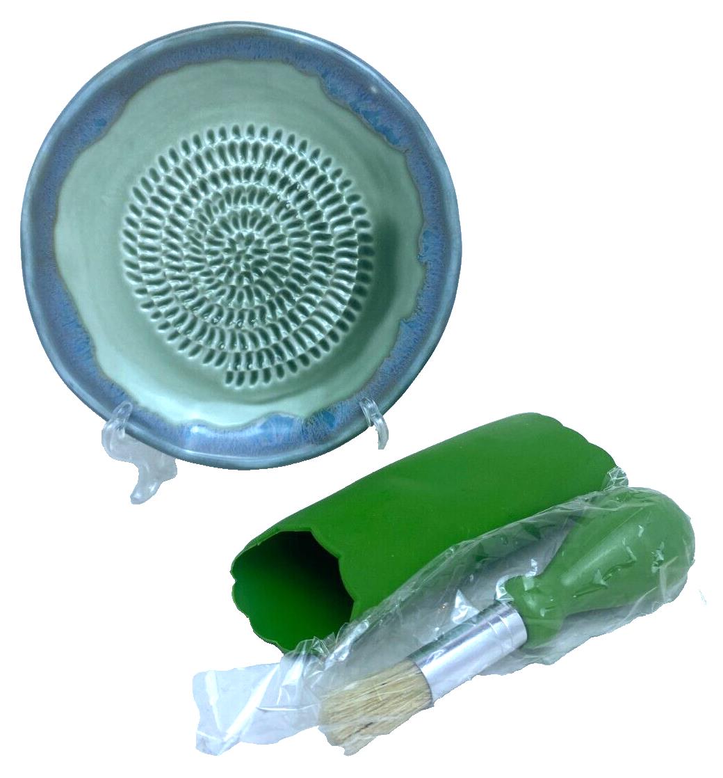 BonCera 4pcs Premium Ceramic Garlic Grater Set Handmade Aqua Peeler Brush NEW