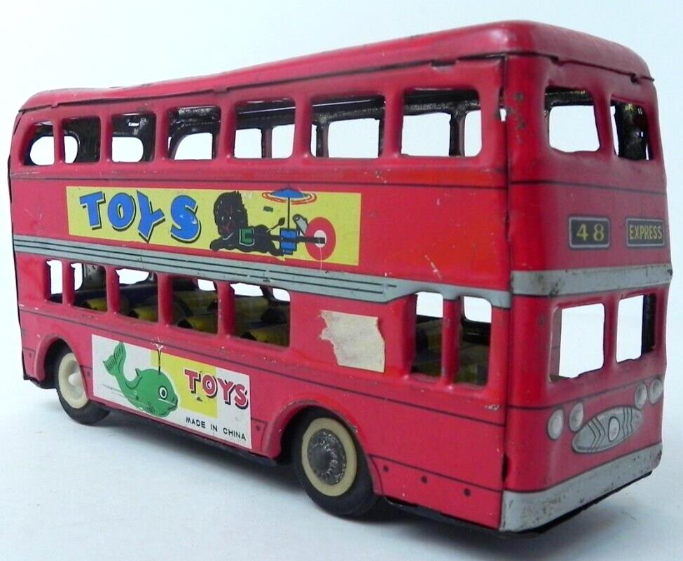 Antique Vintage Tin Litho Friction Double Decker Bus Car Toy w/ Graphics  MF844