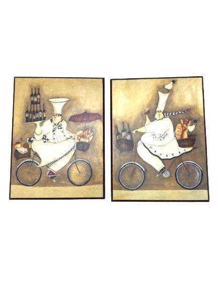2PC Jennifer Garant Fat Chef Bicycle Framed Art Tile Wall Art Kitchen Home Decor