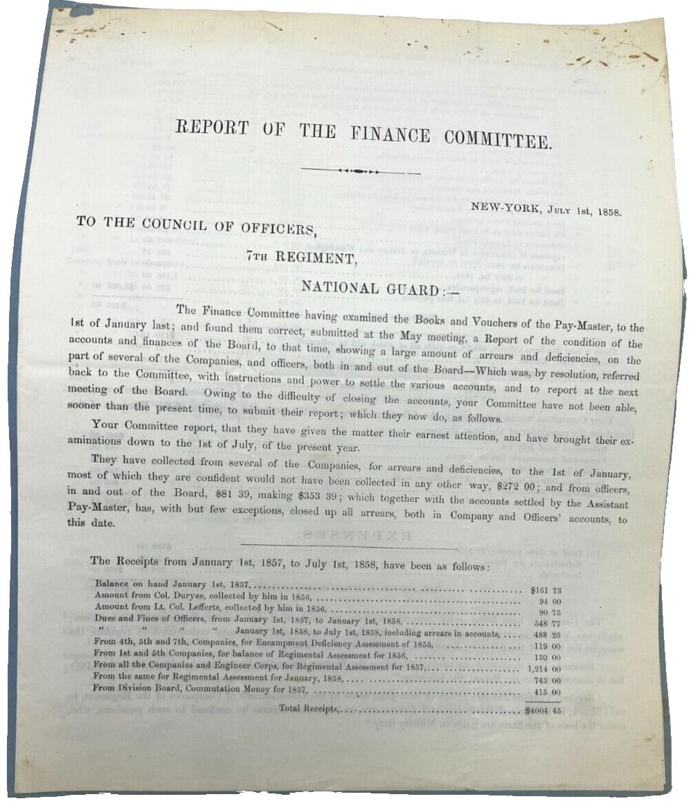 1858 Report of the Finance Committee National Guard 7th Regiment