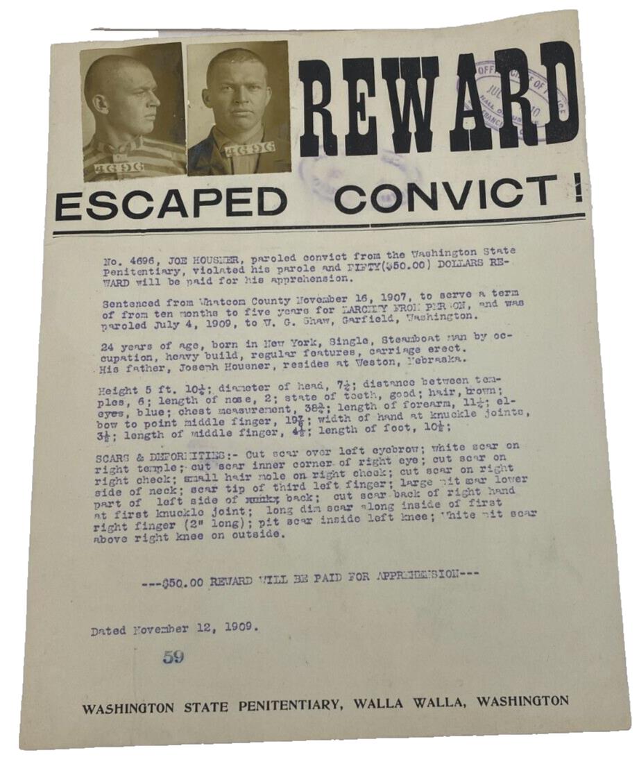 1909 Escaped Convict $50.00 Reward Wanted Poster Washington Penitentiary Photo