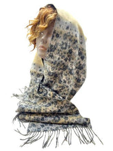 Load image into Gallery viewer, Cashmere Scarf Made in Scotland Blue Beige Floral Fringe Shawl Scarves

