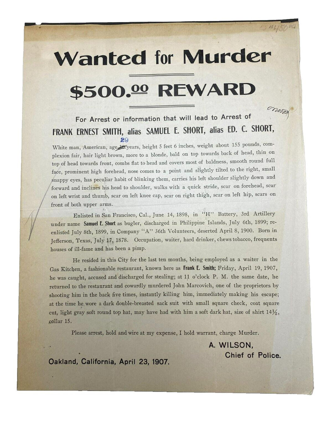 1907 Wanted For Murder Poster Oakland California Original Antique Ephemera Alias