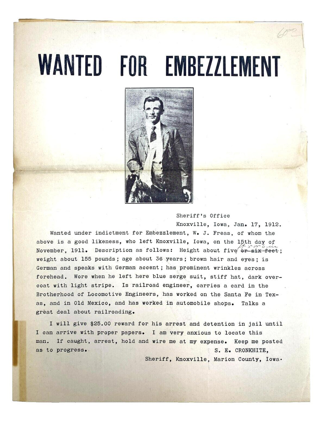 1912 Wanted Poster Embezzlement Knoxville Iowa Photo Antique Ephemera