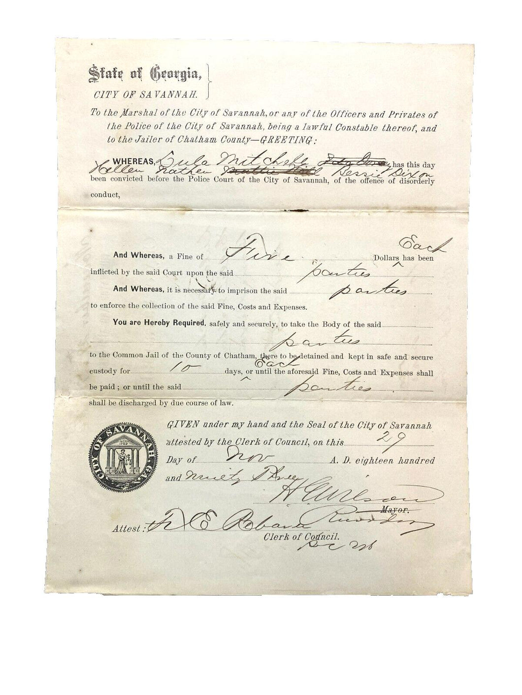 1893 Savannah GA Arrest Warrant 10 Day Sentence Seal Antique Ephemera