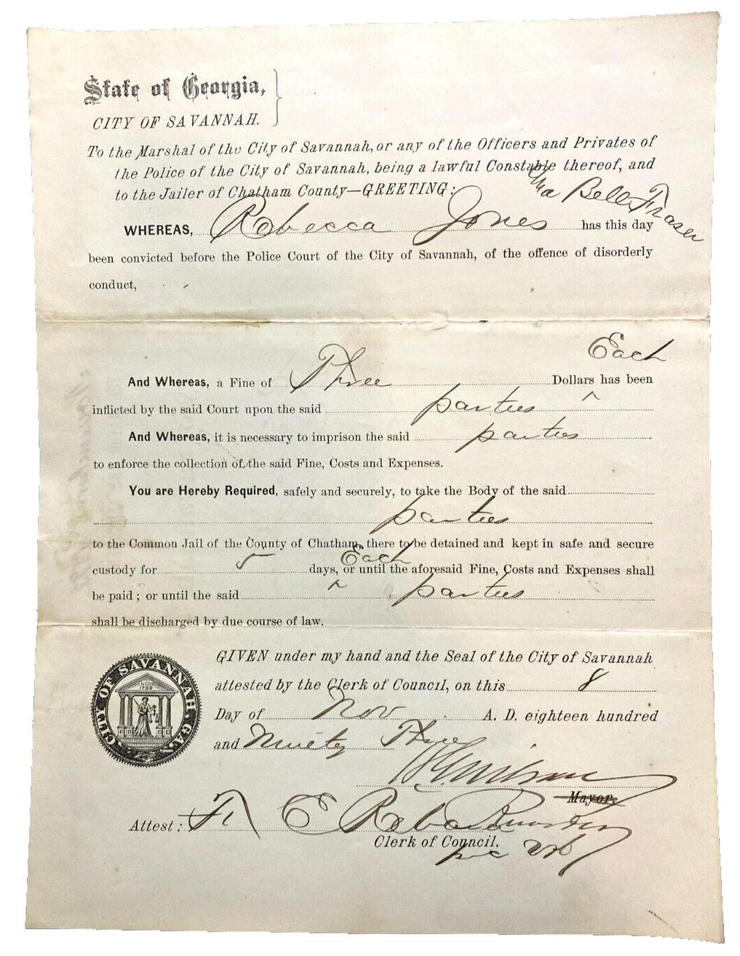 1893 Savannah GA Arrest Warrant 5 Day Sentence Seal Antique Ephemera