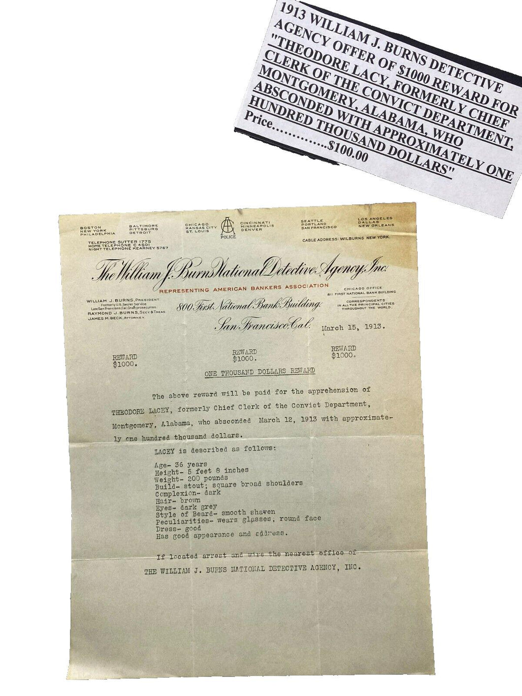 1913 William J Burns Detective Agency Offer $1000 Reward Poster Flyer Antique