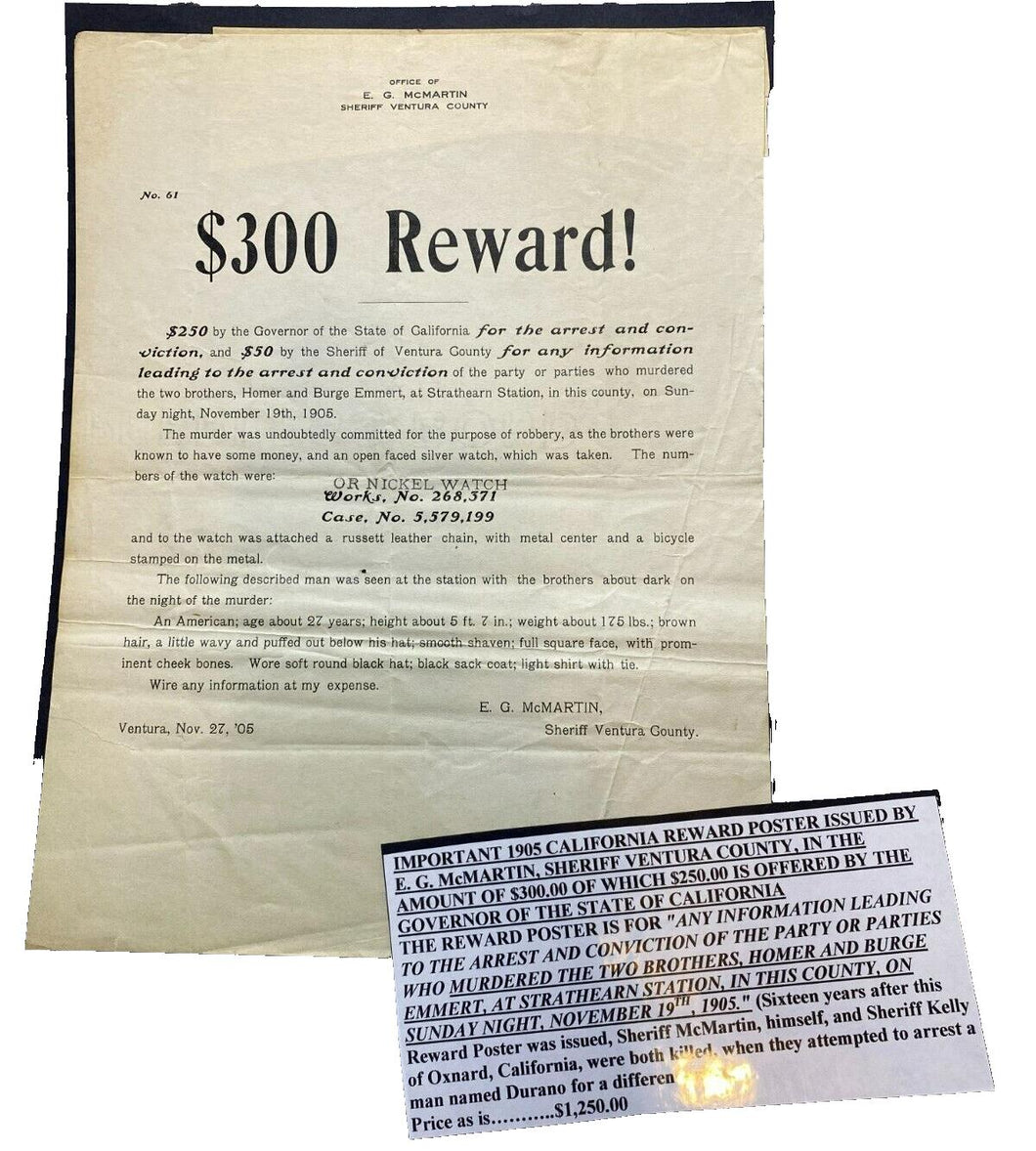 1905 Reward Poster Wanted Double Murder Arrest Conviction Antique Watch Ephemera