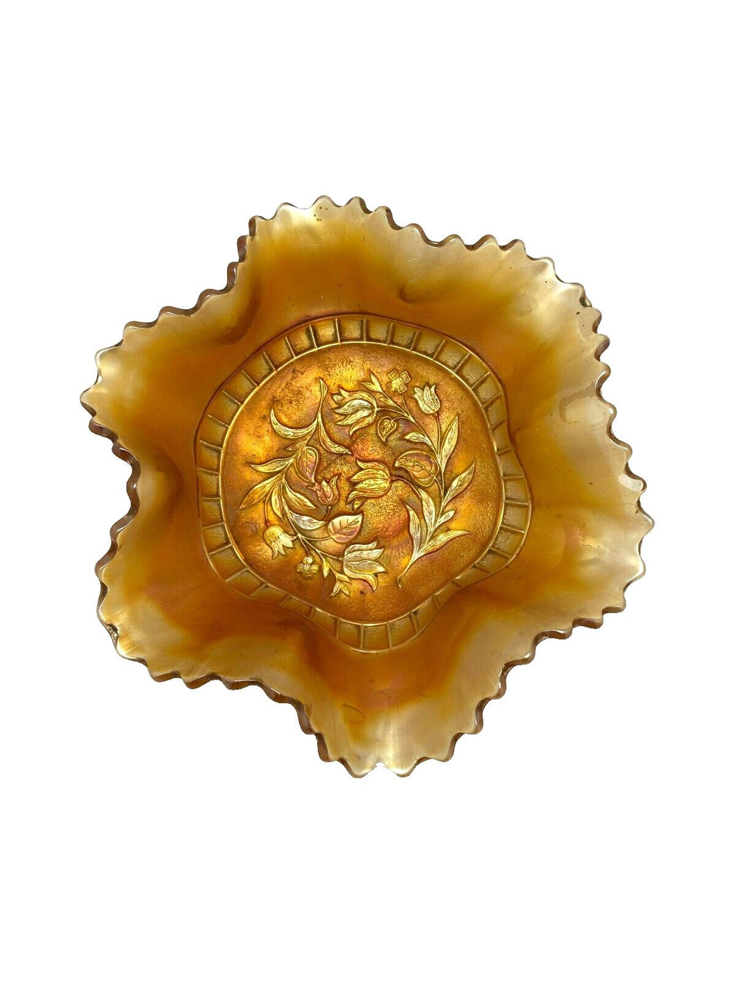 Antique Carnival Glass Bowl Windflower Marigold Ruffle Design