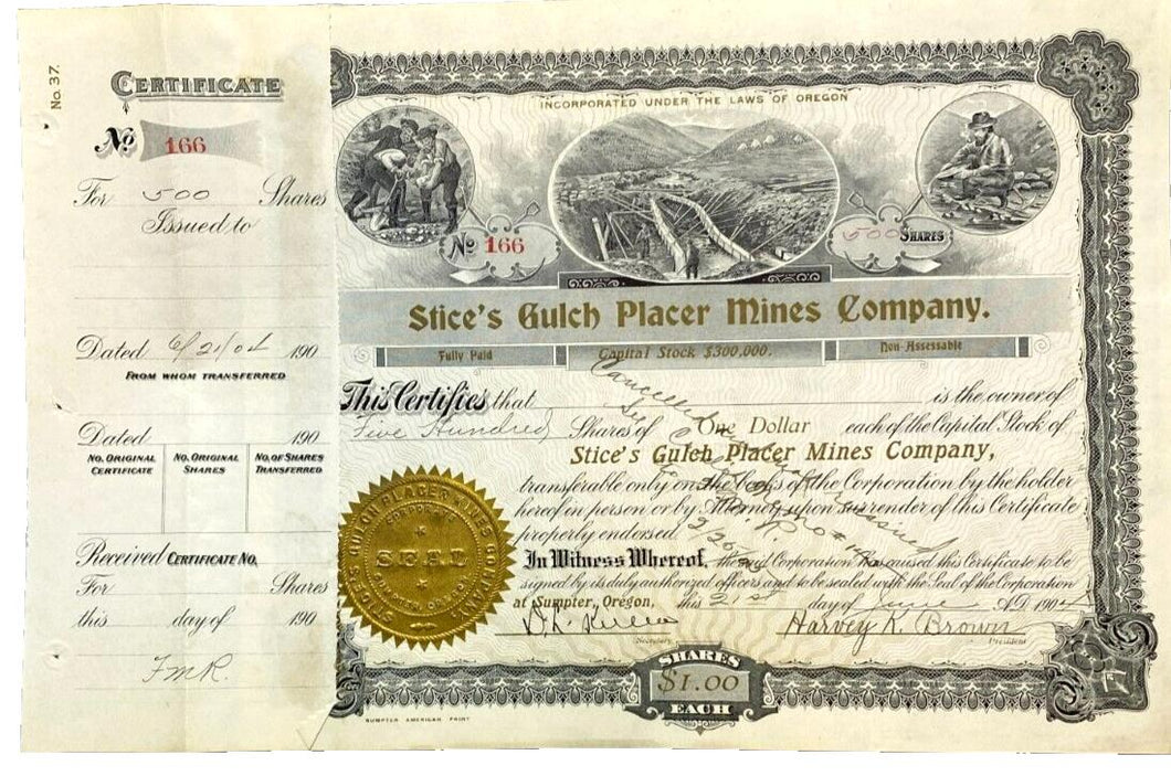1904 Mining Stock Certificate Sumpter Oregon Gold Seal Gulch Placer Mines Co