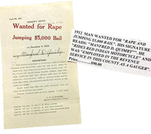 Load image into Gallery viewer, 1912 Wanted Poster Rape Jumping Bail Red Indian Motorcycle Antique Ephemera
