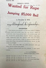 Load image into Gallery viewer, 1912 Wanted Poster Rape Jumping Bail Red Indian Motorcycle Antique Ephemera
