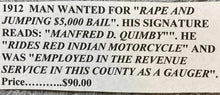 Load image into Gallery viewer, 1912 Wanted Poster Rape Jumping Bail Red Indian Motorcycle Antique Ephemera
