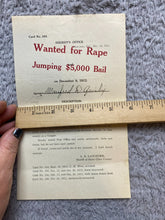 Load image into Gallery viewer, 1912 Wanted Poster Rape Jumping Bail Red Indian Motorcycle Antique Ephemera
