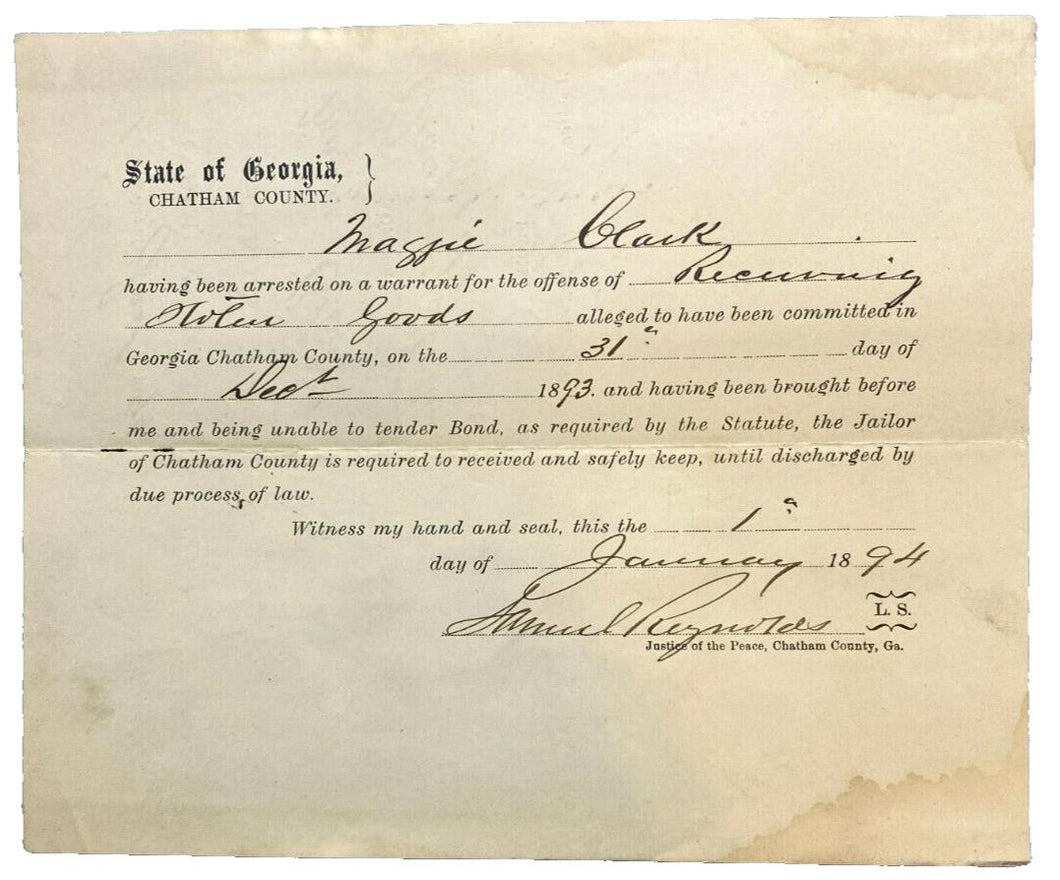 1894 Chatham County Arrest Warrant Receiving Stolen Goods Antique Ephemera