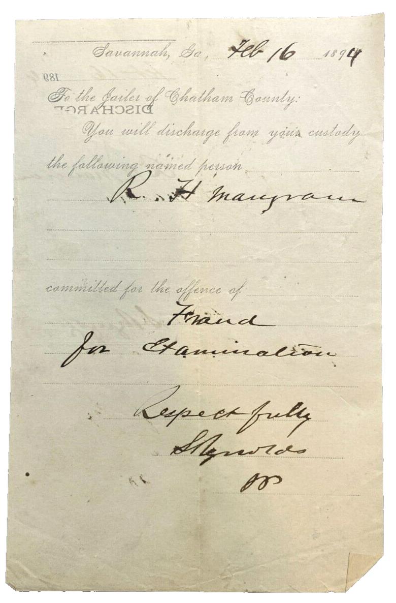 1896 Prisoner Discharge Order Savannah Georgia Chatham County Jail Antique