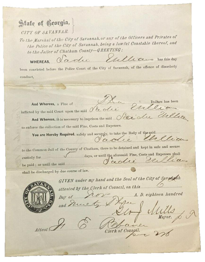1893 Arrest Warrant Disorderly Conduct Georgia County Jail Antique Ephemera