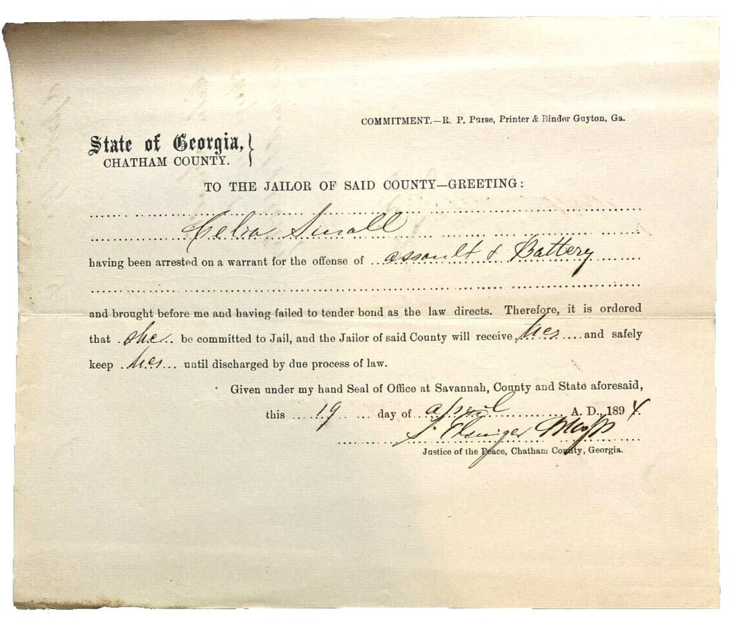 1894 Chatham County Arrest Warrant Assault of Battery Hand Seal Antique Ephemera