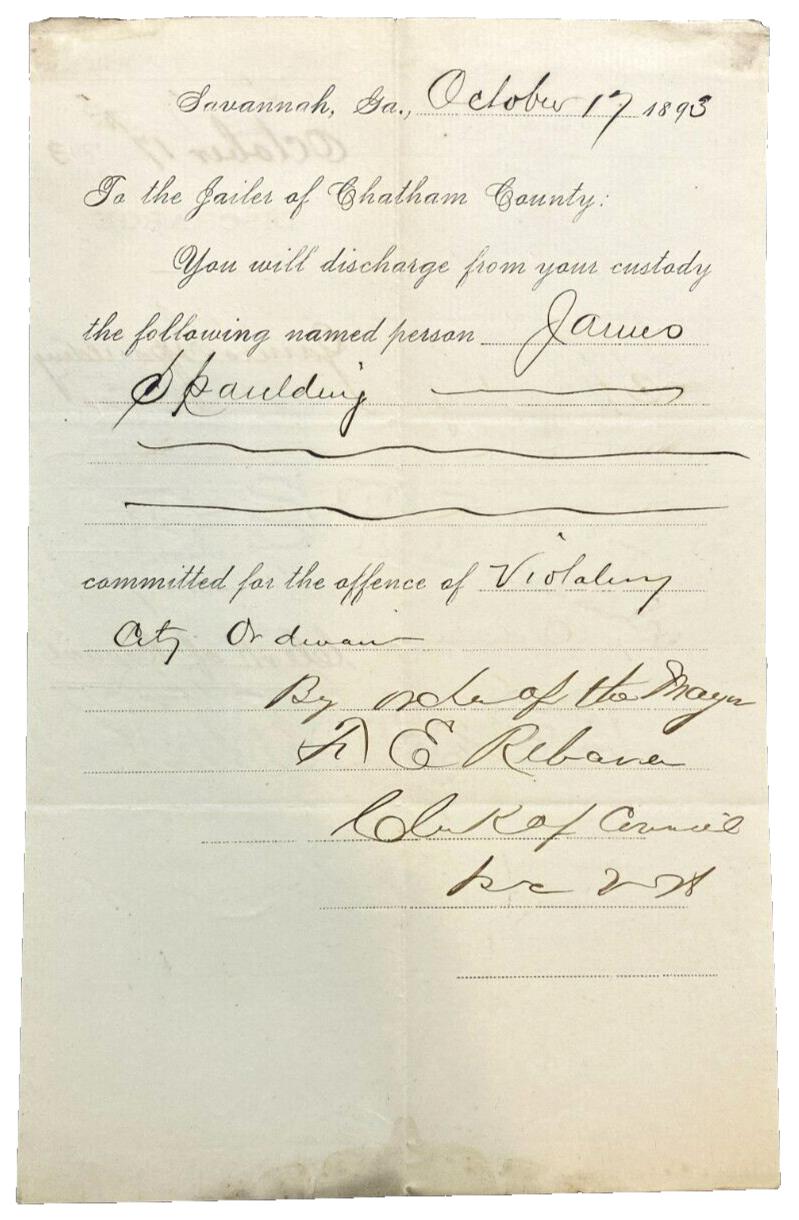 1893 Jail Discharge Paper Georgia Poisoner County Jailer Antique Ephemera