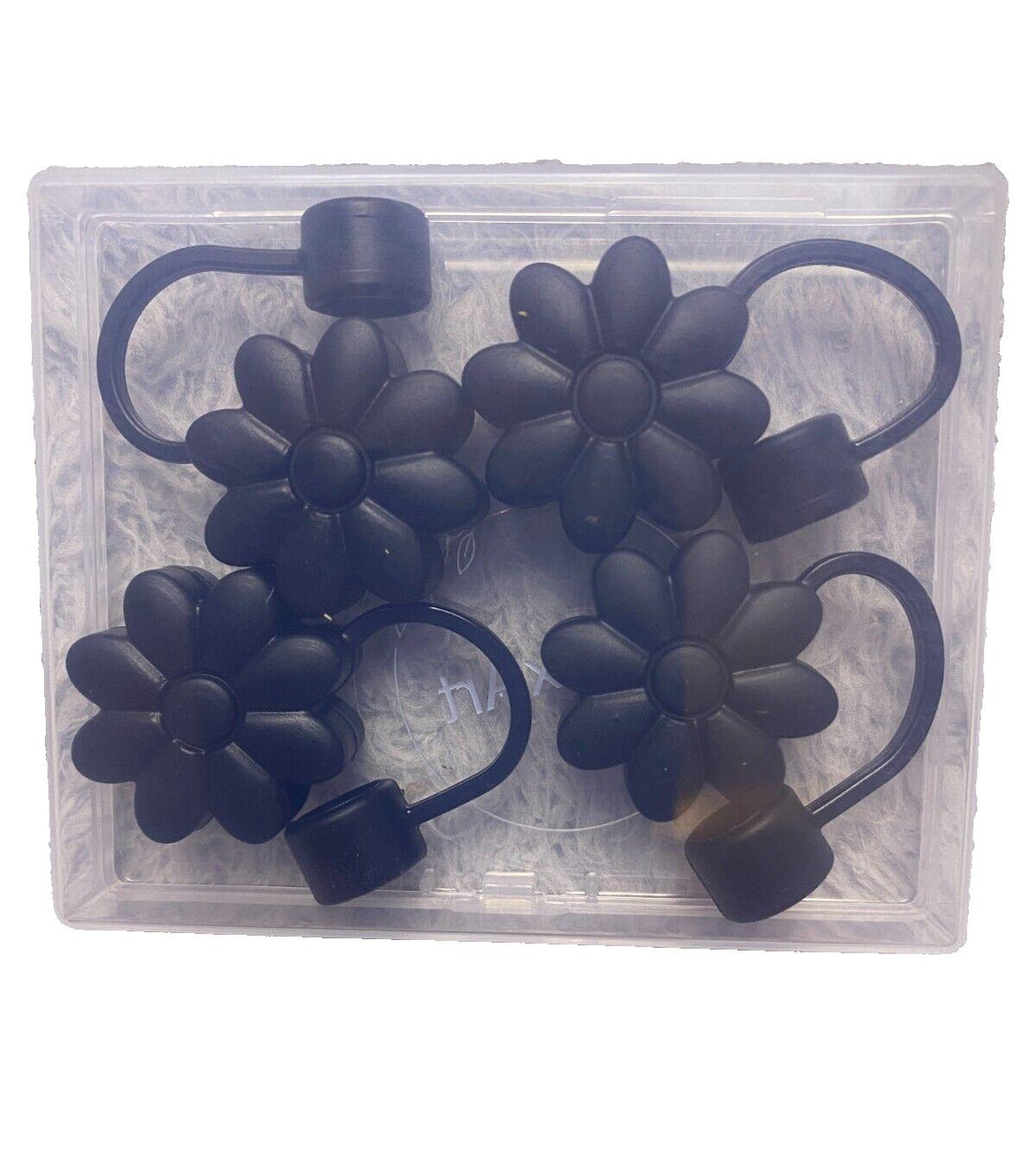 Black Flower Straw Toppers Reusable Cover Cap Tumbler Drinking 8 Pack