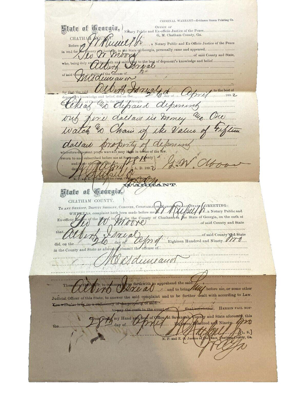 1892 Arrest Warrant Misdemeanor Watch Theft Savanah Georgia Antique Ephemera
