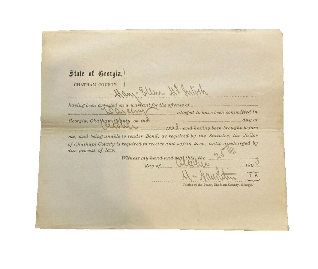 1893 Arrest Warrant for Larceny Georgia Antique Ephemera