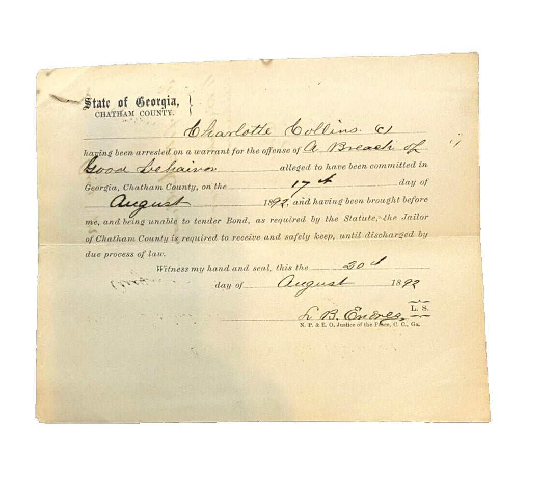 1892 Arrest Warrant Breach of Good Behavior Georgia Antique Ephemera