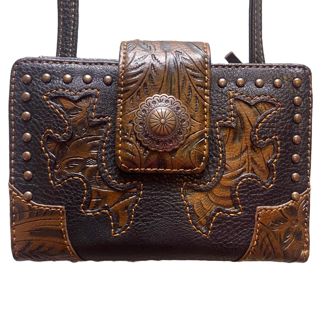 American West Crossbody Wallet Purse Tooled Leather Western Folding Bandana