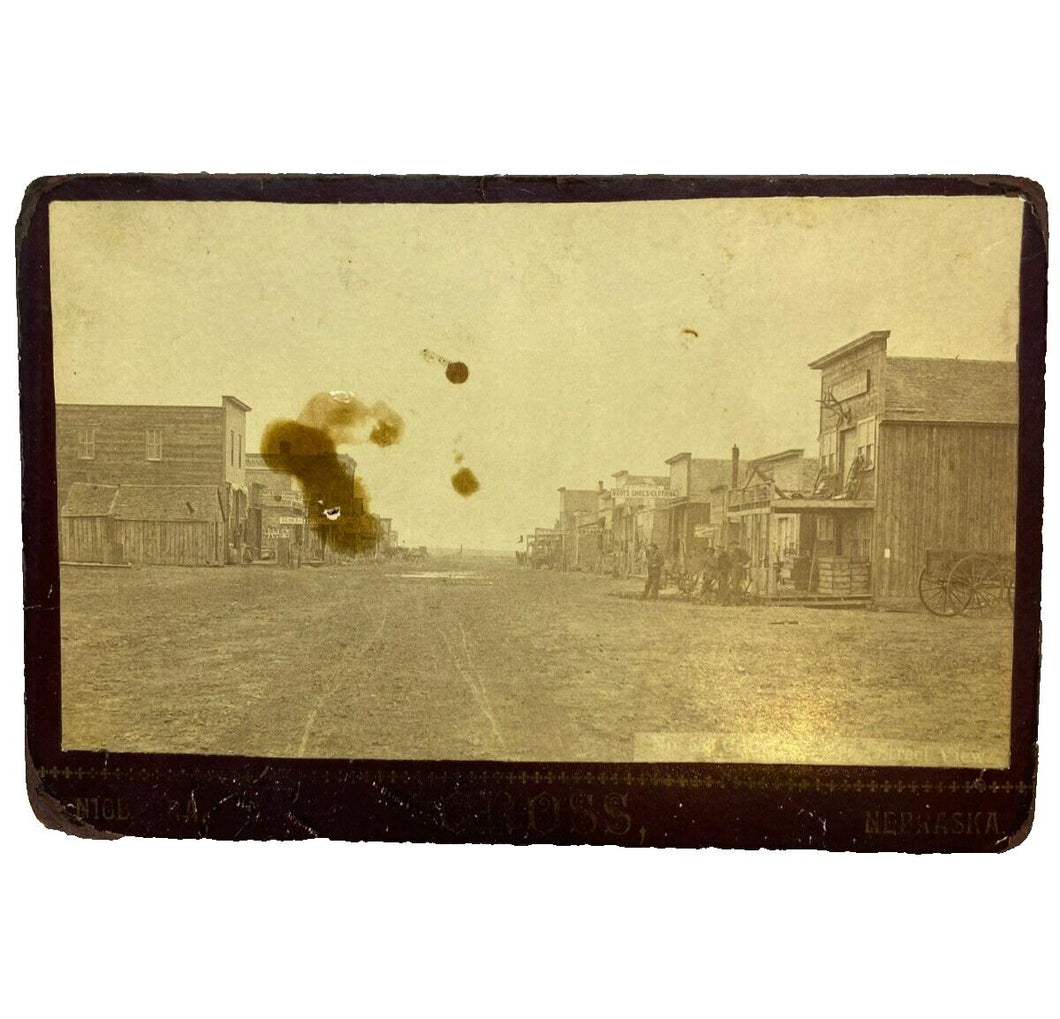 1896 Street Scene Cabinet Card Photo Wagons Store Signs Antlers Nebraska