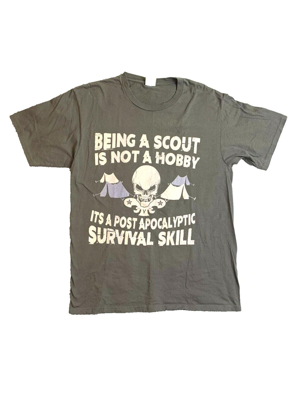 Boy Scout Shirt Adult Medium Olive Green Skull Tents Camp Survival Grunge Mens