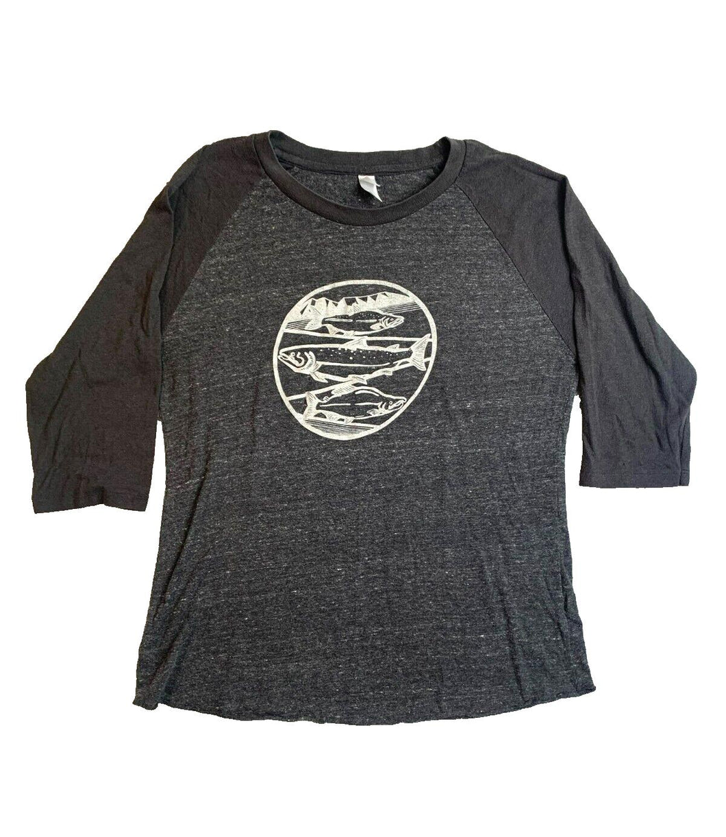 Alternative Shirt Womens Large Charcoal Fish Art Artsy Raglan Streetwear Ladies