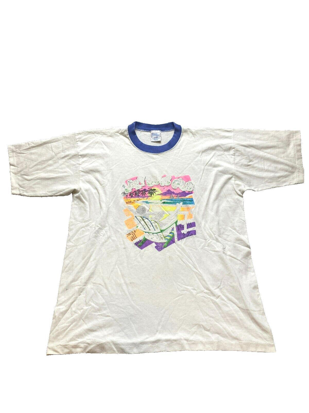VTG Beach Shirt Adult Extra Large White Single Stitch Sailing Boat Lazy 90s Mens