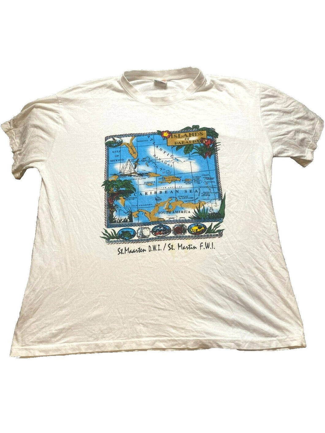 VTG Caribbean Map Shirt Adult 2XL XXL St Martin FWI Island of Paradise 90s Mens
