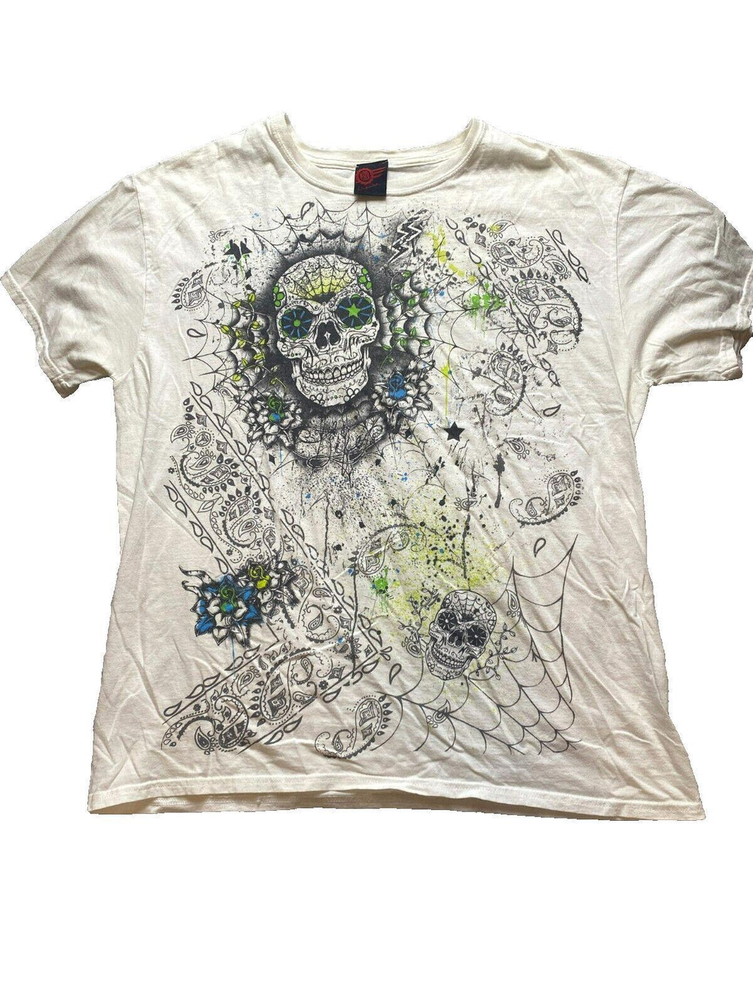 Mad Engine Shirt Adult Large White Paisley Skull Web Tattoo Grunge Gothic Mens